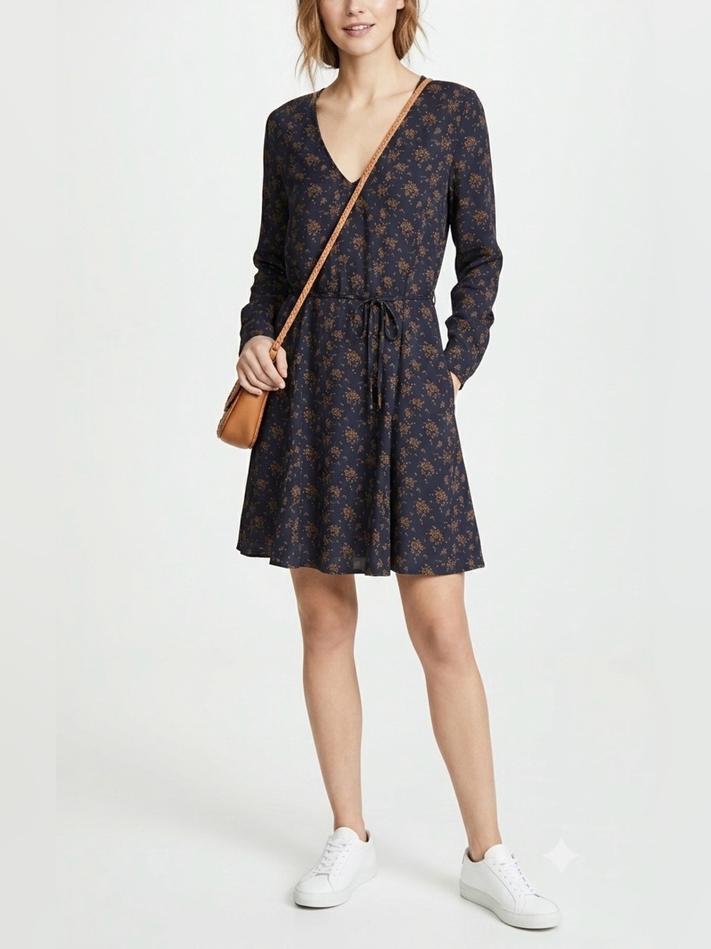 Long-Sleeve Navy Floral V-Neck Dress